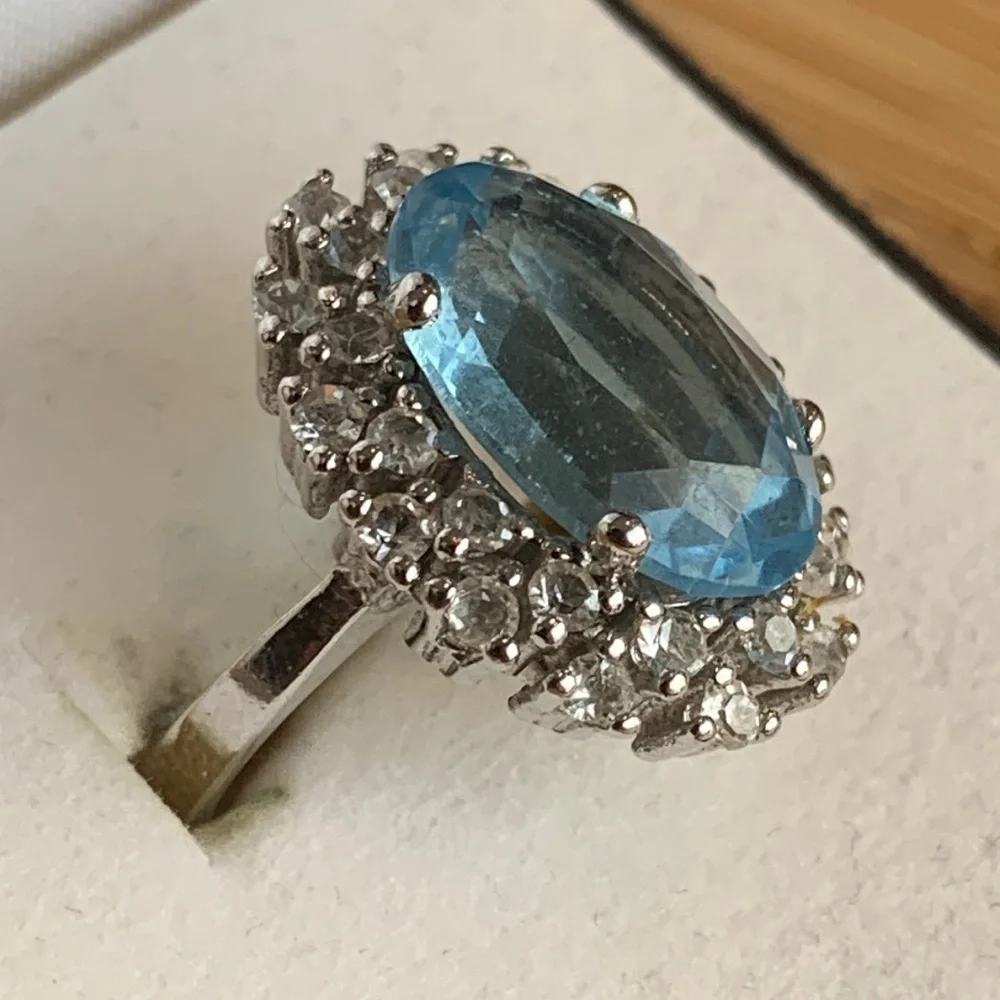 Statement Simulated Crystal Diamond & Blue Stone Marked “925 Spain” Ring